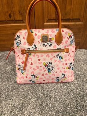 Dooney & Bourke Pink Mickey Mouse Print Satchel with Tan Trim